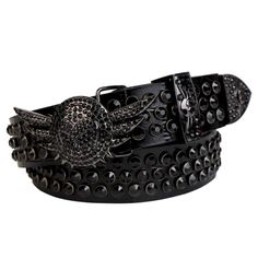 Black Strap With Black Studded Rhinestone Belt and Black Wings Shaped Black Buckle Cool Belts, Goth Belt, Belt Store, Emo Clothes, Bling Belts, Y2k Accessories, Diamond Bling, Black Stud, Rhinestone Belt