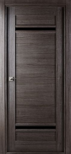 a wooden door with a metal handle on the front and side paneled in dark wood