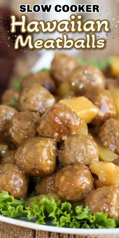 slow cooker hawaiian meatballs on a white plate