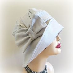 Gray Linen Downton Abbey Style Cloche - The Alice Luxury Beige Elegant Cloche Hat, Classic Gray Hat For Spring, Classic Gray Hats For Spring, Classic Gray Spring Hat, Classic Fitted Cream Cloche Hat, Elegant Gray Hat With Short Brim, Fitted Gray Summer Hat, Elegant Gray Summer Hat, Elegant Solid Color Cloche Hat For Spring