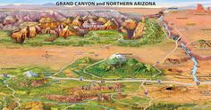 a map of the grand canyon and northern arizona with mountains, rivers, and lakes