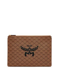 MCM - Himmel Lauretos Extra Large Flat Pouch Luxury Brown Envelope Clutch, Luxury Envelope Pouch, Elegant Monogram Canvas Rectangular Pouch, Elegant Rectangular Monogram Canvas Pouch, Formal Monogram Canvas Pouch, Designer Brown Pouch With Dust Bag Included, Designer Brown Pouch With Dust Bag, Designer Business Clutch Pouch, Luxury Brown Evening Clutch