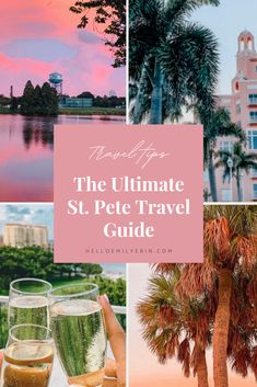 the ultimate st pete travel guide with palm trees and buildings in the background, including pink sky