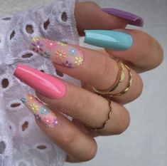 Colorful Flower Nail Stickers for Spring Nails 🌼🌼🌼 As an Amazon Associate, I earn from qualifying purchases. Nails Bright, May Nails, Spring Acrylic Nails, Daisy Nails, Nails Aesthetic, Aesthetic Spring, Acrylic Nails Coffin Short, Nail Designs Spring