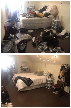 two pictures of a bedroom with clothes on the floor