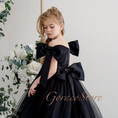 FIND MORE DRESSES BY THE LINK: https://www.etsy.com/shop/GoracoStore (the color on the photos is BLACK) We offer the perfect handmade dresses for your important occasion (wedding or communion or else) ❗️ We can customize any dress! This beautiful dress is made from premium satin. The design of the dress will emphasize the individuality of its owner. The lining of the corset is made of cotton for the comfort of our little clients. Gorgeous trains make the photo shoot unique and bright. All trains Black Dress With Train, Wednesday Theme, Toddler Black Dress, Black Flower Girl Dress, Black Tulle Dress, Girls Ball Gown, Satin Flower Girl Dress, Girls Attire, Dress With Train