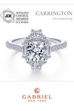 Award-winning Art Deco-inspired platinum engagement ring. Elegant Gia Certified Cubic Zirconia Cluster Ring, Elegant Cubic Zirconia Cluster Ring Gia Certified, Elegant Gia Certified Diamond Ring, Elegant Gia Certified Round Band Jewelry, Elegant Gia Certified Diamond Ring For Anniversary, Elegant Gia Certified Diamond White Ring, Modern Gia Certified Diamond Ring For Formal Occasions, Formal Gia Certified Cubic Zirconia Halo Ring, Timeless Gia Certified Cluster Ring For Formal Occasions