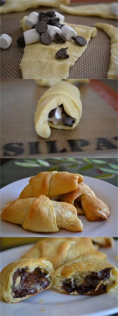 the process of making chocolate and marshmallow pastries is shown in three different stages