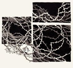 two black and white paintings with branches on them, one is in the middle of three squares