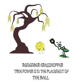 a cartoon tree with a yellow ball in front of it and the words, remember grasshopper true - power is the plagiment of the ball