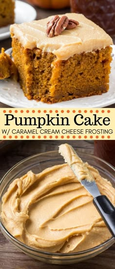 pumpkin cake with caramel cream cheese frosting on top and an image of the cake