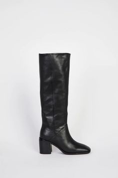 A tall boot that is different. We love the combination of the square toe with the straight shaft, wear it bunched down, or tall and straight. Tall Heeled Boots, Intentionally Blank, Slingback Mules, Leather Socks, Tall Boot, The Square, Sustainable Clothing, Boots For Sale, Tall Boots