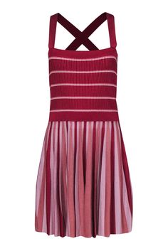 Current Boutique-Alexis - Red & Pink Striped Ribbed Knit Midi Dress Sz L Summer Ribbed Dress With Spaghetti Straps, Ribbed Spaghetti Strap Summer Dress, Red Knit Summer Dress, Pink Knit Summer Dress, Ribbed Stretch Summer Dresses, Summer Ribbed Halter Neck Dress, Summer Stretch Ribbed Dresses, Red Sleeveless Ribbed Dress, Red Ribbed Sleeveless Dress