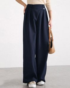 Fashion Personality Irregular Waistband Design Wide Leg Pants, Black / US8 Waistband Design, Side Pants, Sweater Dress Midi, Pantalon Large, Classic Elegant, Casual Work, Women Pants Casual, Fashion Mode, Button Design