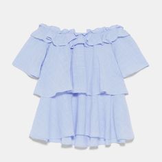 Off The Shoulder Blue Ruffled Top With Wide Elastic Neckline And Short Sleeves. Blue Ruffle Hem Top For Beach, Zara Blue Summer Blouse, Summer Blue Zara Blouse, Blue Ruffled Tops For Summer, Blue Ruffle Tops For Summer, Blue Ruffles Blouse For Summer, Blue Ruffled Blouse For Summer, Summer Blue Ruffled Blouse, Blue Ruffled Blouse For Beach