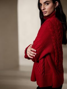 Cable Knit Turtleneck For Layering, Elegant Cable Knit Turtleneck For Fall, Cozy Cable Knit Turtleneck For Layering, Cable Knit Turtleneck Sweater For Layering, Cozy Cable Knit Sweater With Funnel Neck, Cozy Cable Knit Turtleneck, Elegant Cable Knit Turtleneck Sweater, Luxury Red Elegant Sweater, Classic Red Fine Knit Sweater