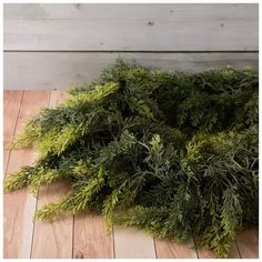 a pile of green plants sitting on top of a wooden floor