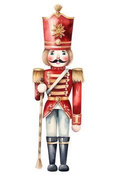 a watercolor drawing of a nutcracker wearing a red uniform and holding a cane