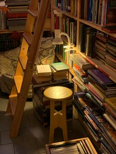 there is a ladder in the room with many books