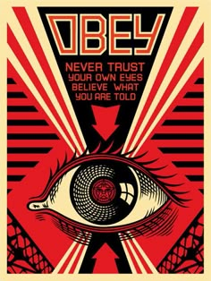 an eye with the word obey on it, in front of a red and black background