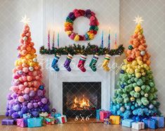 colorful christmas tree decorations in front of a fireplace