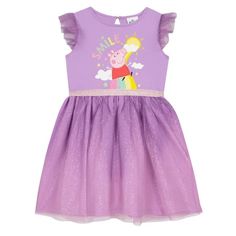 Embracing the joy of Peppa Pig's world, this Peppa Party Dress is a hit for any young fan. Its striking design features Peppa in a beautiful scene with a rainbow, clouds, and the sun, creating a portrait of happiness. The word "smile" sparkles above in multicolored glitter, spreading joy with every look. The ensemble is complete with a glittery tulle skirt and playful ruffles at the shoulders, plus a glitter waistband to make this delightful dress pop. Ideal for parties, playdates, or any occasi Peppa Pig Clothes, Clothes For Birthday, Rainbow Dress Girl, Peppa Pig Outfit, Peppa Pig Dress, Pig Clothes, Peppa Party, Toddler Summer Dresses, Pig Dress