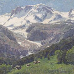 a painting of snow covered mountains in the foreground and green grass on the far side