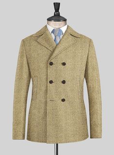 Aim for a lavish take on a casual style with our Highlander Heavy Beige Herringbone Tweed Pea Coat. Most significantly, crafted from a pure wool material expresses a thick, decently rugged and gorgeously soft texture with a distinctive herringbone weave over a brown hue. Additionally, the cloth exudes an enormously cozy vibe, which makes this jacket an excellent investment for the winter.   
 Look Includes  Highlander Heavy Beige Herringbone Tweed Fabric   Faux Horn   Brown  Buttons  Side Pocket Wool Double-breasted Outerwear For Semi-formal Occasions, Luxury Tweed Wool Coat For Work, Tailored Tweed Wool Coat With Lapel Collar, Fitted Tweed Wool Coat For Work, Timeless Long Sleeve Tweed Jacket, Winter Tailored Tweed Jacket With Concealed Placket, Tailored Tweed Jacket With Concealed Placket For Winter, Tailored Tweed Jacket For Winter, Luxury Tailored Tweed Jacket For Winter