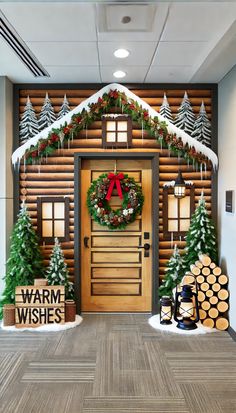 the front door to a house decorated for christmas with wreaths and decorations on it