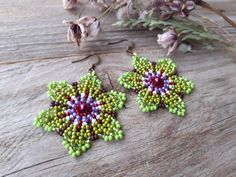 Huichol earrings green flowers Large beaded earrings earrings | Etsy Huichol Earrings, Woven Jewelry, Boho Hippie Style, Flowers Earrings, Hippie Earrings, Great Gifts For Women, Earrings Green, Mexican Style, Beaded Dangle Earrings