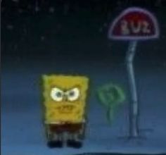 an animated spongebob standing next to a stop sign