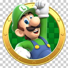 the super mario bros character is smiling in front of a green tile wall with stars