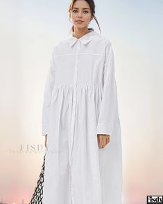 Fisdy - White Midi Shirt Dress with Long Sleeves - Loose-Fitting and Elegant White Midi, Loose Fitting Dresses, Mid Length Skirts, Midi Shirt Dress, White Midi Dress, Long Sleeve Shirt Dress, Types Of Skirts, Polo Collar, White Skirts