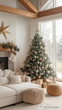 a living room with a christmas tree in the corner