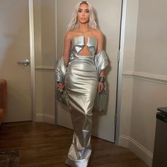 Color: Silver, Size: M Leather Long Dress, Kardashians Jenner, Tube Top Dress, Dress Women Elegant, Corset Mini Dress, Bodycon Maxi Dresses, Long Summer Dresses, Silver Dress, Evening Party Dress