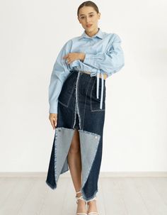 Wrap skirt is made from summer denim, A-line silhouette. In front there is a decorative scent, a zipper on the back. There are pockets.Product parameters:XS at the waist 24in/61.5 cm, at the hips 38in/97 cmS at the waist 26in/65.5 cm, at the hips 39,8in/101 cmM at the waist 27,4in/69.5 cm, at the hips 41,4in/105 cmML at the waist 29in/73.5 cm, at the hips 43in/109 cmLength from the waist to the back 35,4in/90 cmLength from the side 33in/84 cm.The model is wearing an XS size. Model's height: 168 Recycling Clothes, Denim Upcycle, Double Denim Looks, Midi Denim Skirt, Streetwear Outfit Ideas, Upcycling Clothes, Denim Baby, Interesting Fashion, Bow Tie Blouse