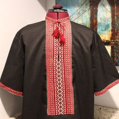 Mens Ukrainian Embroidered Shirt Handmade Black Linen Size L-Xl Is The Ukrainian Traditional Clothing Which Contains Elements Of Ukrainian Ethnic Embroidery. Usually, It Was Made Of Homemade Linen Which Was Produced By Loom. Local Features Are Usually Representated In The Shirt's Ornamental Pattern. The Art Of Embroidery In Ukraine Traces Its Roots Back To The Pre-Christian Period, It Has Centuries-Old History. It Is Proved By Results Of Archaeological Dig And Travellers' Documentary Evidence. Traditional Short Sleeve Shirt With Multicolor Embroidery, Traditional Black Cotton Shirt, Traditional Cotton Tops With Contrast Embroidery, Traditional Embroidered Short Sleeve T-shirt, Traditional Black Embroidered Shirt, Black Embroidered Short Sleeve Shirt, Ukrainian Shirt, Black Linen, Embroidered Shirt