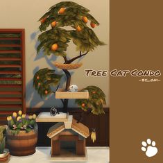 an image of a tree that is in the middle of a room with cat houses