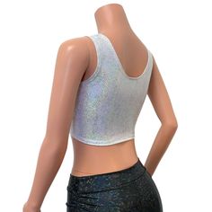 Silver on white holographic ring front crop top for your festival or rave outfit. This sleeveless crop top fits snug to the body and sits above the belly button with a metal ring detail in front. Pair with your favorite high waist skater skirt or holographic cheeky for the perfect rave set. Crop Top Fits, White Holographic, Front Crop Top, Rave Outfit, Workout Crop Top, Sleeveless Crop Top, Metal Ring, Rave Outfits, Belly Button