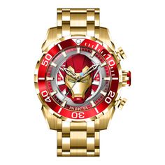 This eye-catching Invicta watch from the Marvel collection is powered by an accurate Quartz movement, with a gold case. Its face is decorated by a red, silver, white, blue, metal dial, and protected by a sturdy Flame Fusion Crystal. A gold, band completes this timepiece that can resist water for up to 100 m. In collaboration with Marvel Studios, this masterful collection is comprised of famed superheroes and villains straight from the iconic comic books and motion pictures. Driven by exceptional Mens Invicta Watches, Premium Watches, Best Watches For Men, Invicta Watches, Marvel Iron Man, Man Thing Marvel, Gold Case, Marvel Studios, Quartz Movement