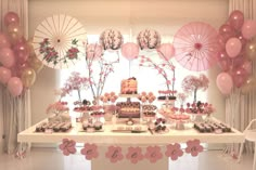 the dessert table is decorated with pink and gold balloons