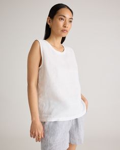 An all-year essential. This linen tank top is made from soft, textured 100% organic linen. It's perfect to layer under a cardigan or does just as well on its own on those warmer days. Especially with the matching linen pants.  | Quince | Women's Tank Top in White, Size Large, Linen Comfortable Relaxed Fit Sleeveless Tank Top, Comfortable Everyday Summer Tank Top, Comfortable Sleeveless Everyday Tops, Comfortable Sleeveless Tops For Everyday, Comfortable Everyday Sleeveless Tops, Relaxed Sleeveless Tank Top For Everyday, Relaxed Everyday Tank Tops, Comfortable Tank Top For Spring, Comfortable Relaxed Fit Tank Top For Everyday