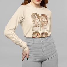 Our Designs Are Printed In-House On Sustainably Grown And Ethically Harvested Us Cotton. This Shirt Features A Vtg Illustration Of The 4 Seasons (Winter, Spring, Summer And Fall) Personified By Four Different Women. Condition: New, No Hang Tags Color: Natural Undyed Light Tan Cream With Subtle Speckling Features: Long Sleeves Relaxed Classic Fit Tubular Body Ribbed Cuffs 7/8" Ribbed Crew Neck Collar Taped Neck And Shoulders Double-Needle Bottom Hem Tear Away Label Fabric: 6 Oz Heavyweight 100% P Beige Long Sleeve T-shirt With Graphic Print, Beige Relaxed Fit Top With Graphic Print, Cream Graphic T-shirt For Fall, Cream Graphic Print T-shirt For Fall, Cream Relaxed Fit Top With Graphic Print, Relaxed Fit Cream Top With Graphic Print, Cream Tops With Graphic Print And Relaxed Fit, Vintage Beige Crew Neck Top, Vintage Beige T-shirt