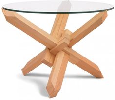 a glass table with wooden legs and a round top on an isolated white background,