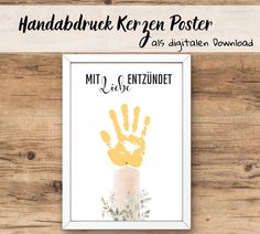 a hand print on a wooden table with the text, handabuk kern poster als digital