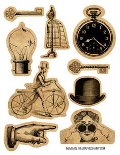 an assortment of stickers with different things on them, including a clock and other items