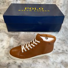 Polo Ralph Lauren Nappa Leather High Top Dree Sneakers Mens Size 10 New With Box, Nwt Casual Calf Leather High-top Sneakers, Casual Calf Leather High-top Lace-up Sneakers, Casual High-top Lace-up Calf Leather Sneakers, Casual Calf Leather Custom Sneakers, Classic Leather High-top Lace-up Sneakers, Classic Leather Lace-up High-top Sneakers, High-top Leather Sneakers With Leather Lining, Casual Sneakers With Leather Lining And Round Toe, Custom Leather Mid-top Sneakers With Laces