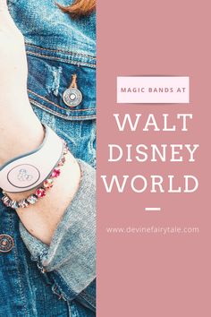 a woman wearing a denim jacket and bracelet with the words, walt world on it