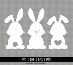 two white rabbits sitting next to each other on top of a gray background, with the words svg dxf epss / png