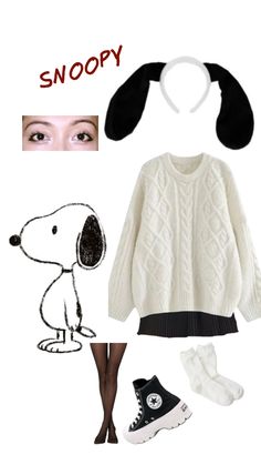 a white sweater with black and white accessories including shoes, headbands and socks